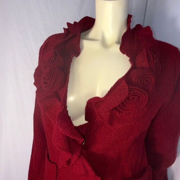 Susan Bristol 100% Wool Red Ruffle Rose Cardigan Jacket L — Textured Boho Cottag - Picture 3 of 12